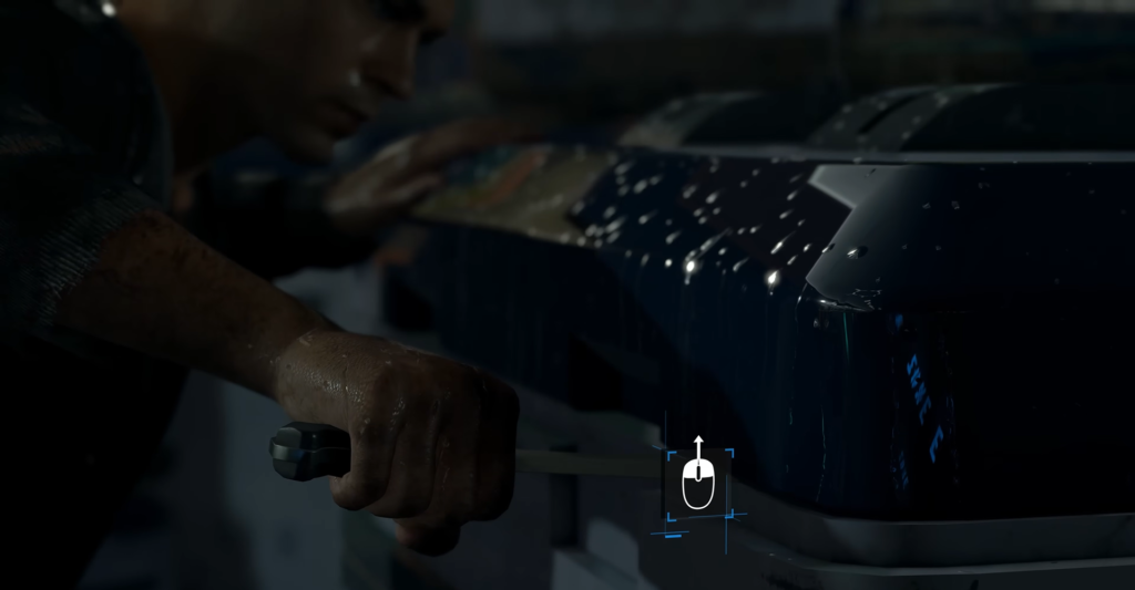 Person holding knife near black car in rain