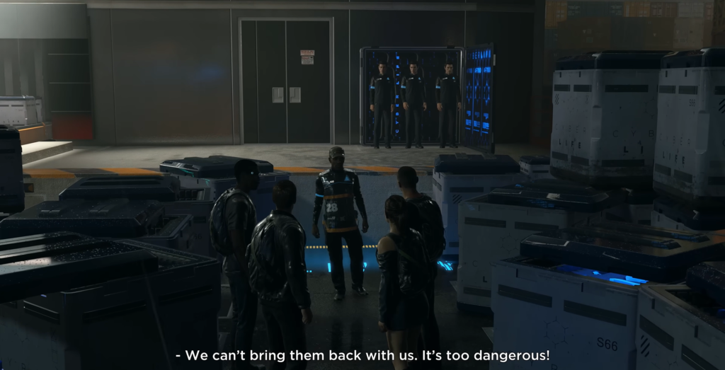 Group of people standing among crates in warehouse