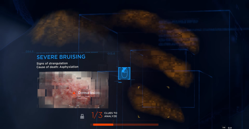 Интерфейс анализа улик показывает сильные синяки на коже