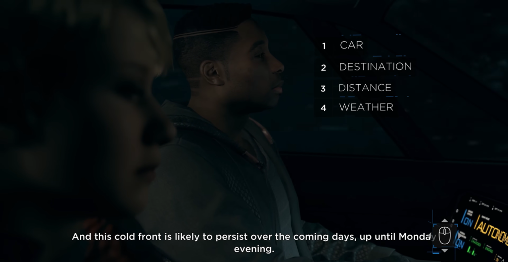 Two people sit in car with menu overlay