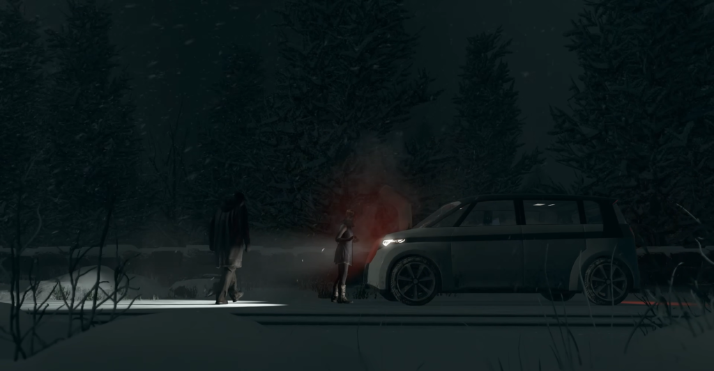 Two people stand by gray SUV in snowy forest
