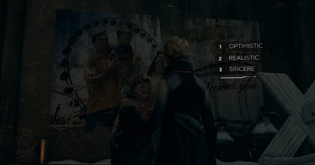 Woman and child facing amusement park billboard in snow