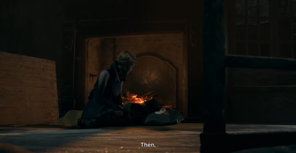 Woman kneels beside person near fireplace indoors