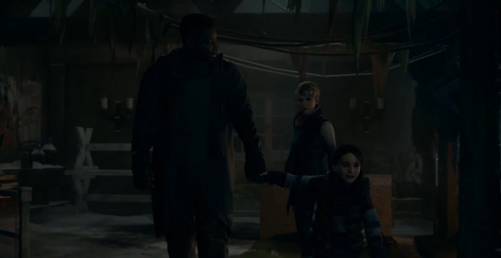 Man holding girl’s hand in dark warehouse