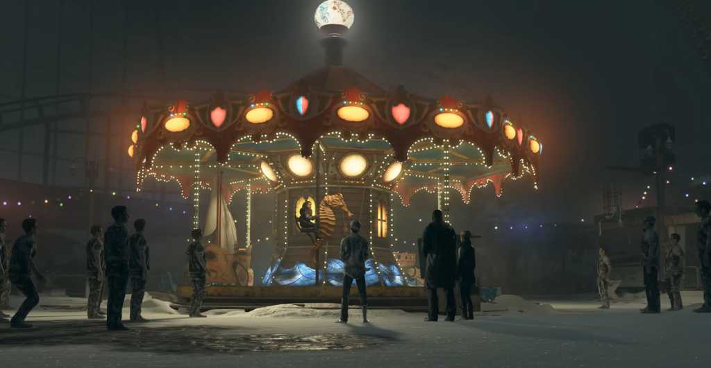 People watch lit carousel in snowy fairground at night