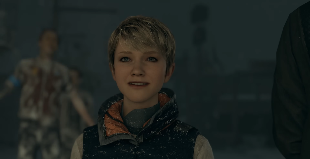 Kara from Detroit: Become Human smiling outdoors in snow