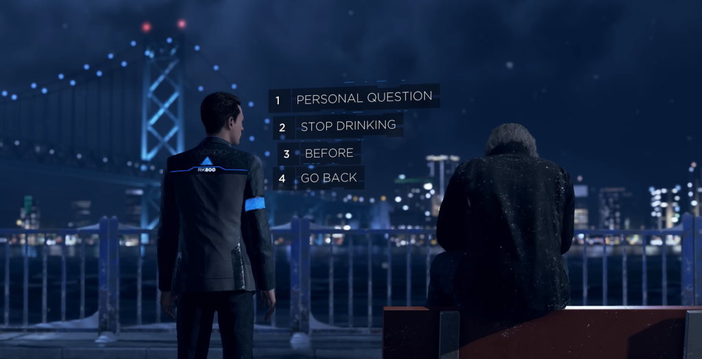 Connor and Hank talk on snowy Detroit waterfront at night