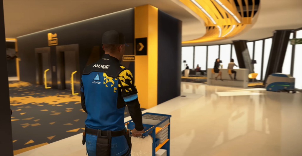 Detroit: Become Human Connor pushing cart in lobby