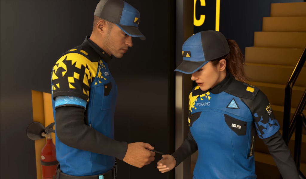 Two workers exchange keycard in indoor stairwell