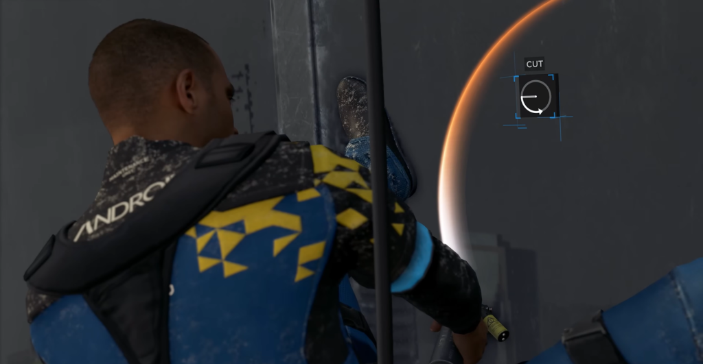 Android Connor cutting metal door in Detroit: Become Human