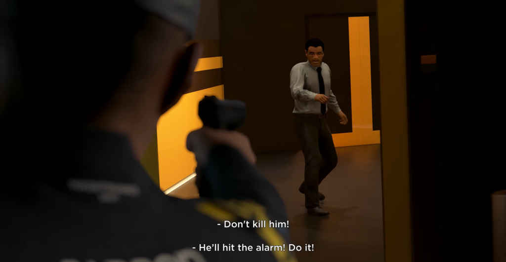 Police officer aiming gun at man in hallway