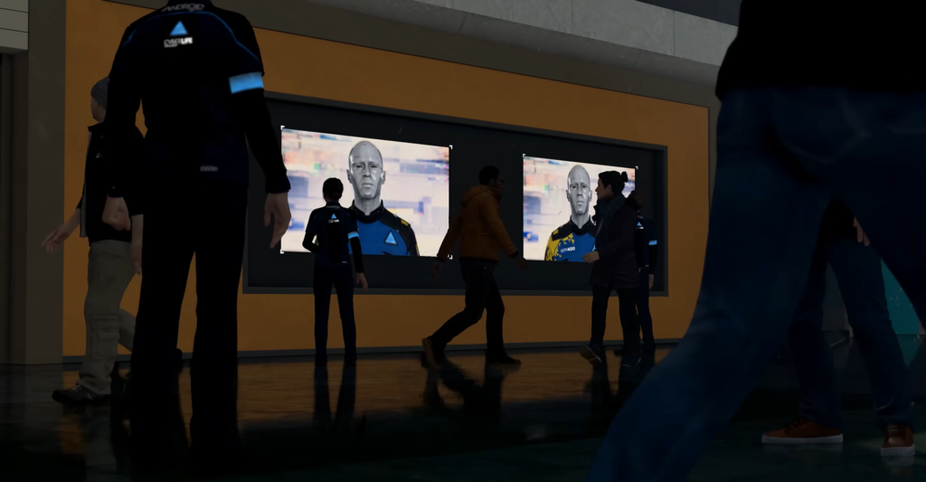People watching android news screens in Detroit Become Human