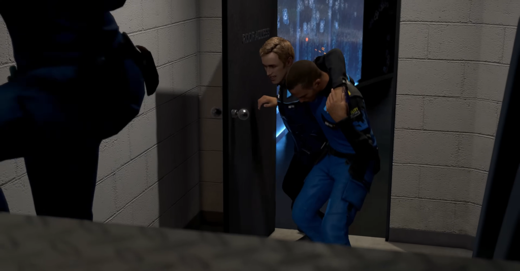 Police officer supports injured colleague entering doorway indoors