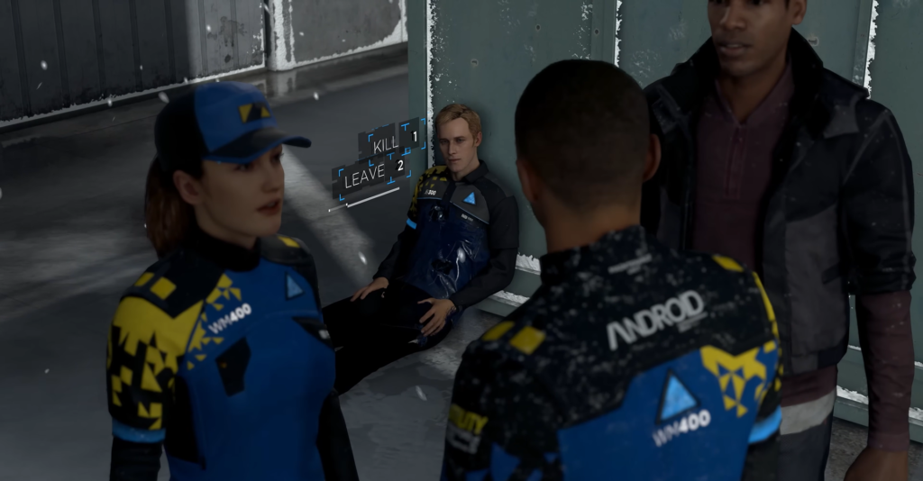 Androids confront man in snowy Detroit: Become Human scene