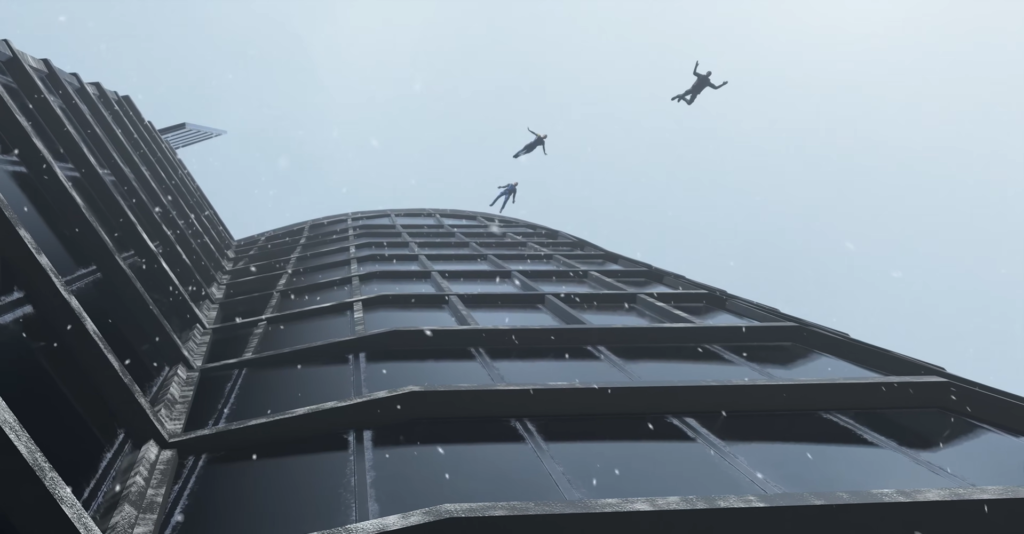 Three people falling past glass skyscraper in snow