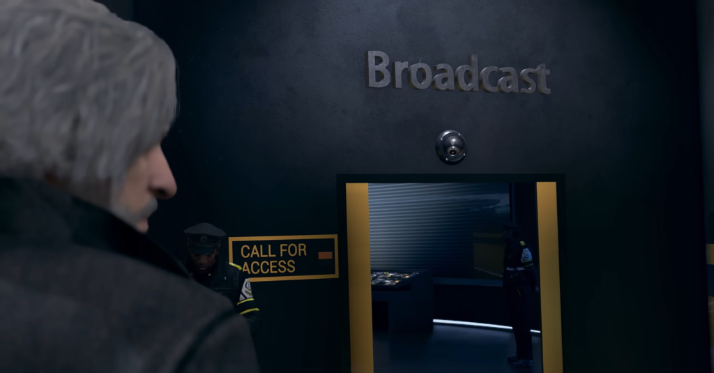 Man entering broadcast room past call for access sign