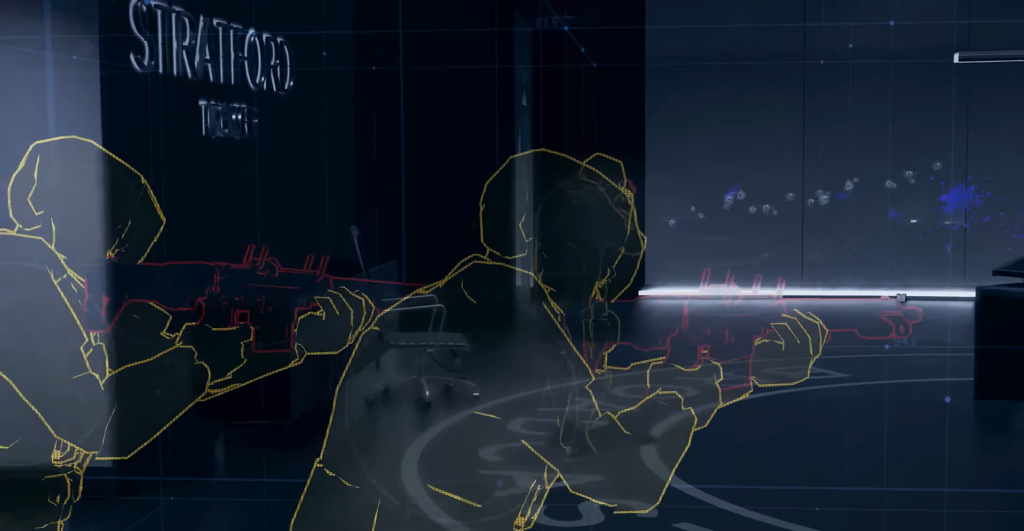 Two armed soldiers aiming rifles in dark room