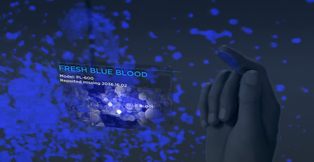Hand points at blue blood hologram display in dark