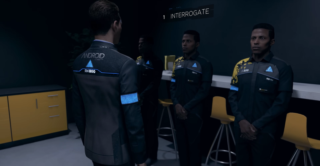 Connor from Detroit: Become Human interrogates androids in breakroom