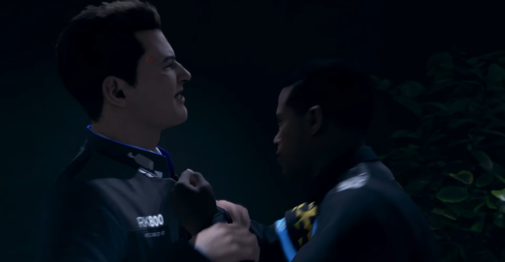 Connor android grapples man in dark forest