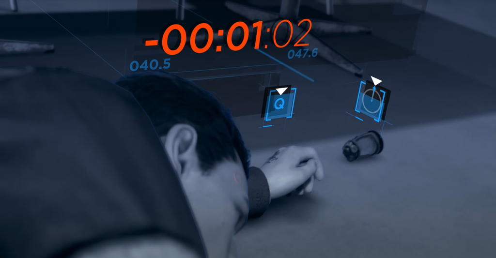 Man lying on floor beside grenade in room