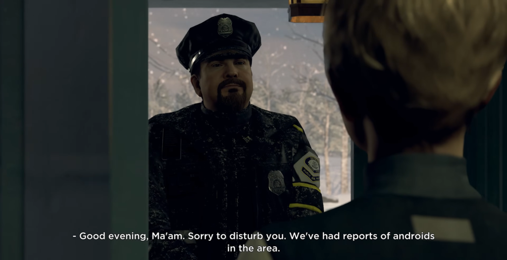 Police officer speaks at doorway in snowy neighborhood