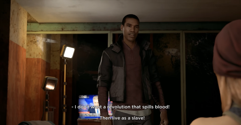 Man talking in dim room with studio lights