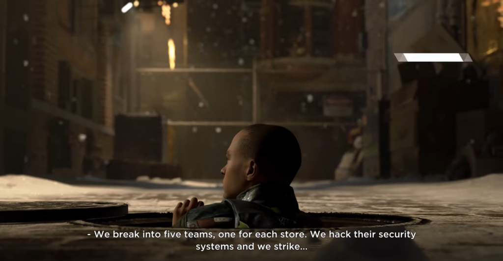 Boy climbing from manhole in snowy alley