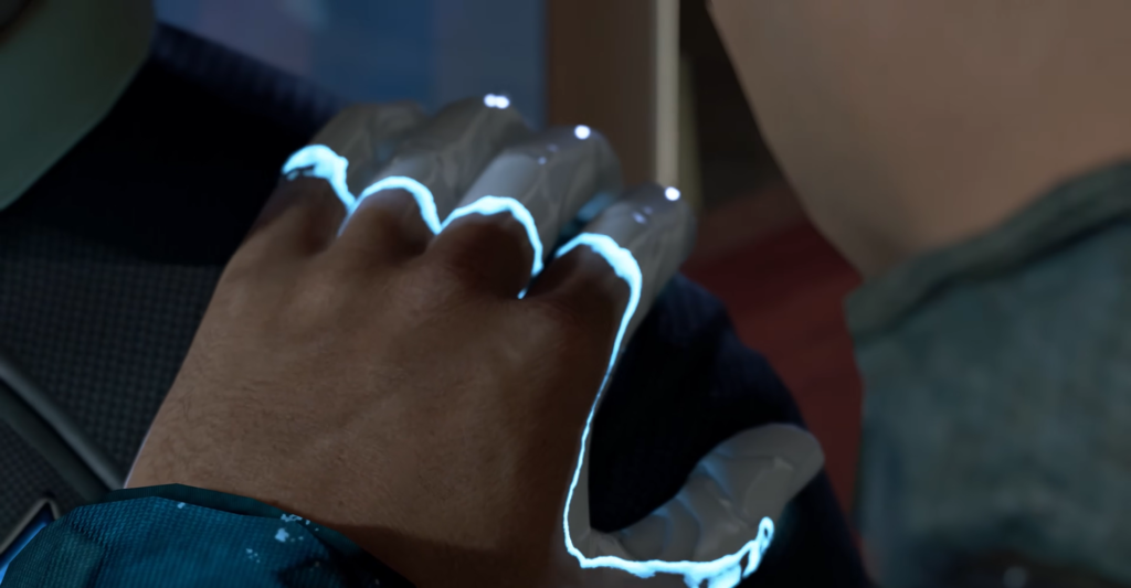Glowing blue robotic hand gripping human hand indoors