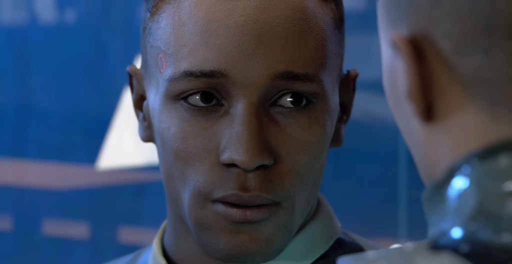 Android man looks at another android indoors