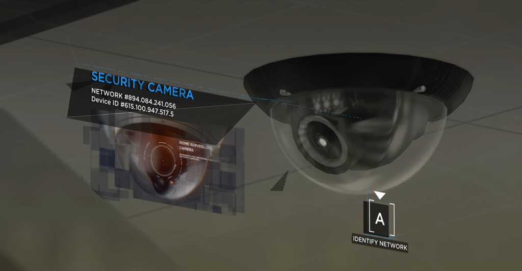 Security camera mounted on ceiling with network overlay