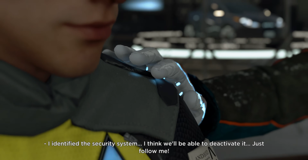 Android hand gripping shoulder in futuristic room