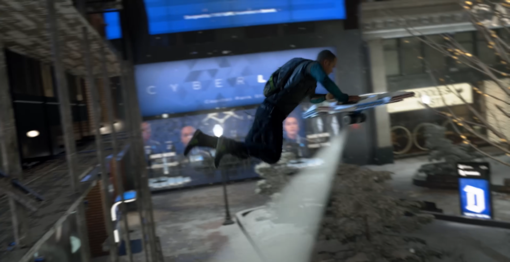 Connor from Detroit: Become Human jumping over rubble indoors