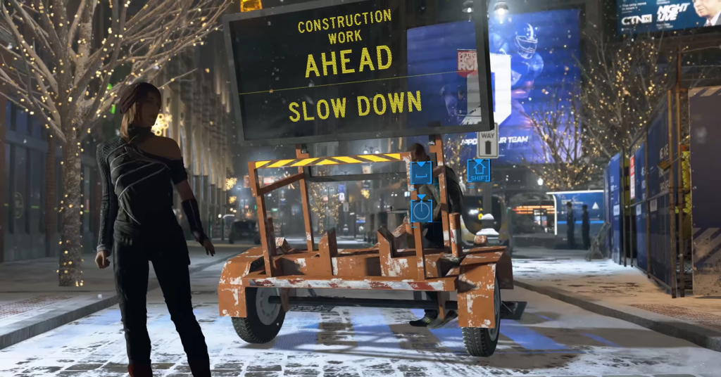 Woman standing near orange construction trailer on snowy street