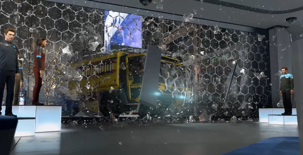 Truck crashes through glass wall in showroom