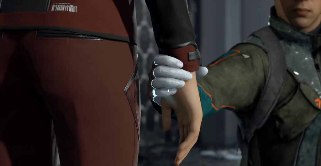 Gloved hand grabs woman’s arm in corridor