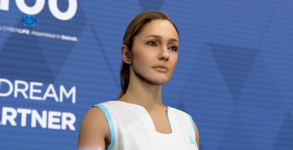 Chloe from Detroit: Become Human standing before blue backdrop
