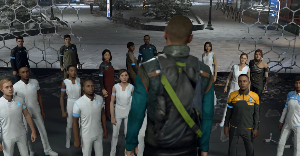 Markus addressing androids in snowy plaza, Detroit: Become Human