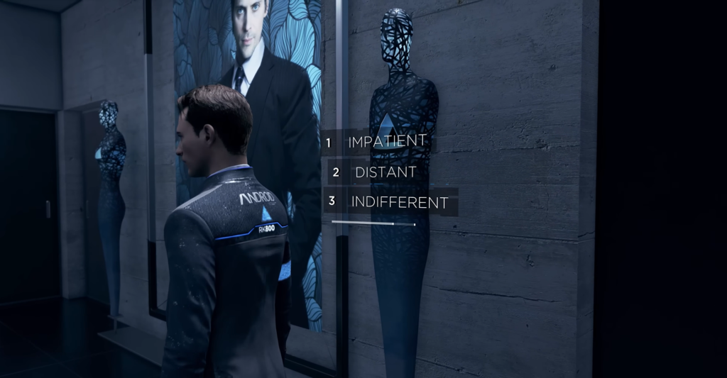 Connor from Detroit: Become Human choosing dialogue options indoors