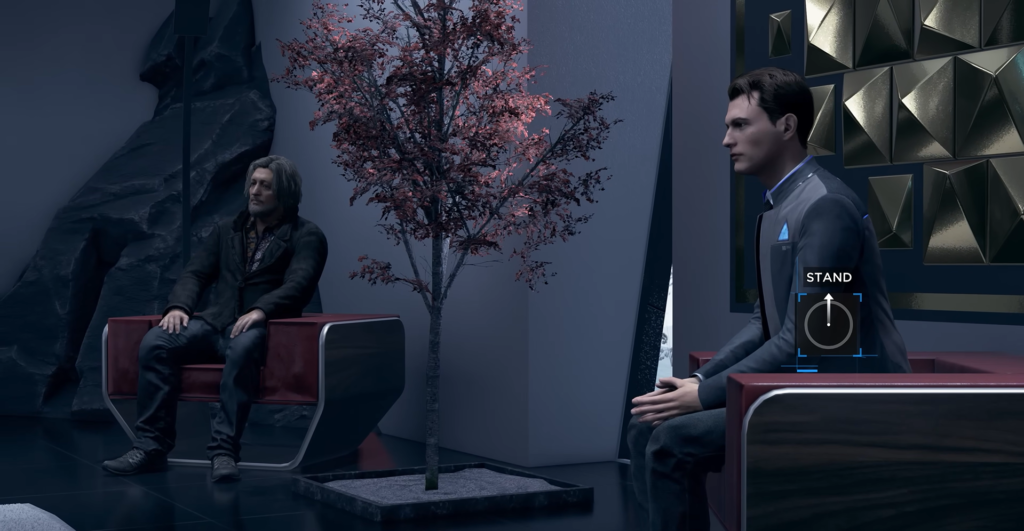 Connor and Hank sit in futuristic lounge room