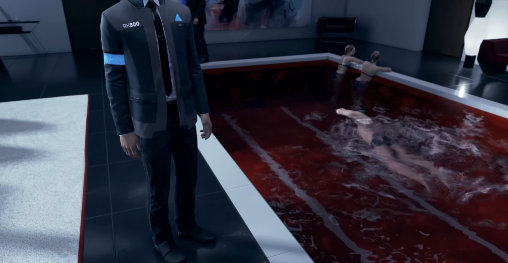 Connor RK800 stands beside blood-filled pool indoors