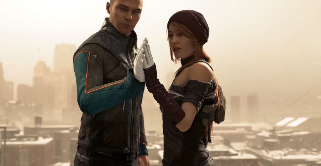 Markus and North touch hands on rooftop in Detroit: Become Human