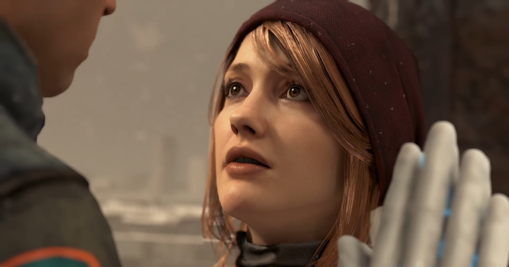Kara from Detroit: Become Human looking up outdoors