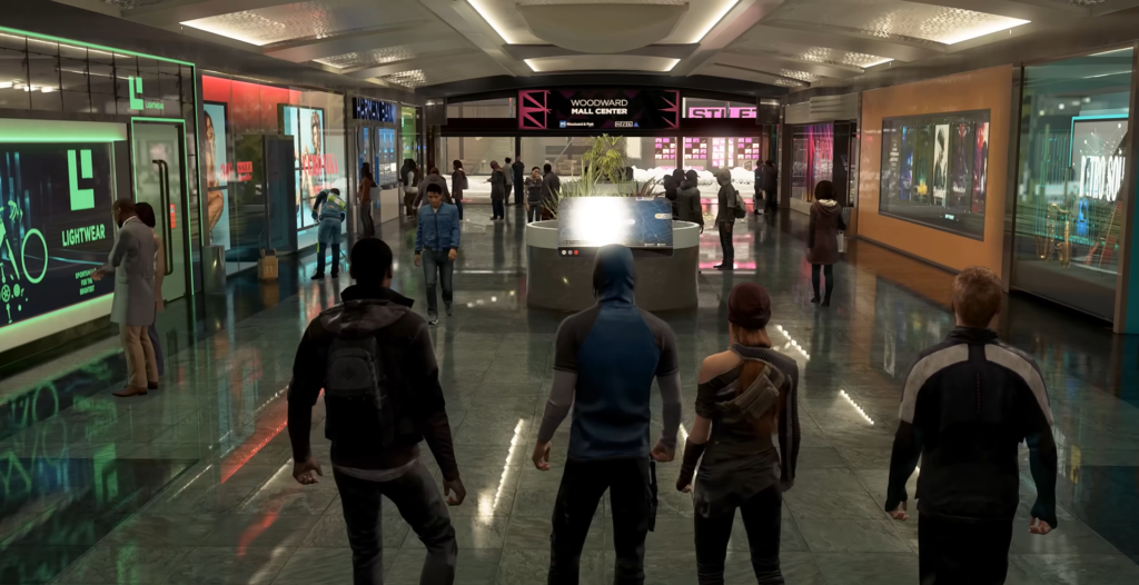 Spider-Man characters walking through Woodward Mall Center corridor