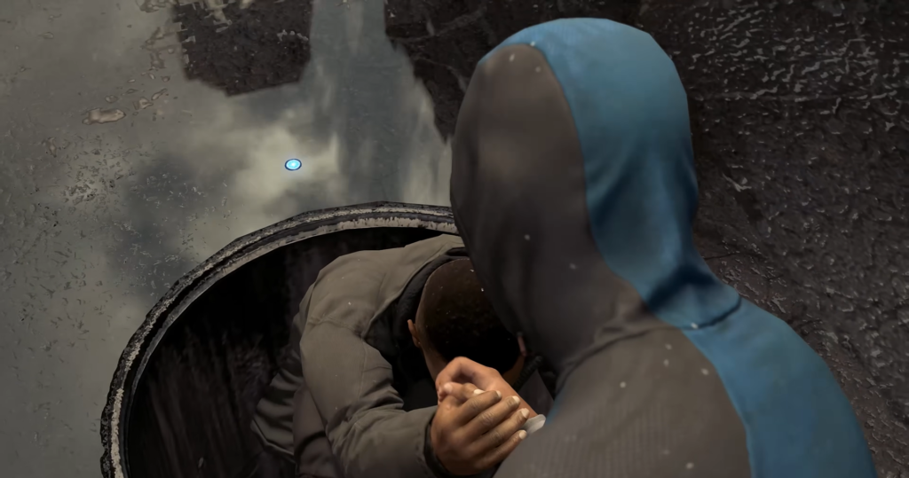 Hooded person grabs man near open manhole in rain