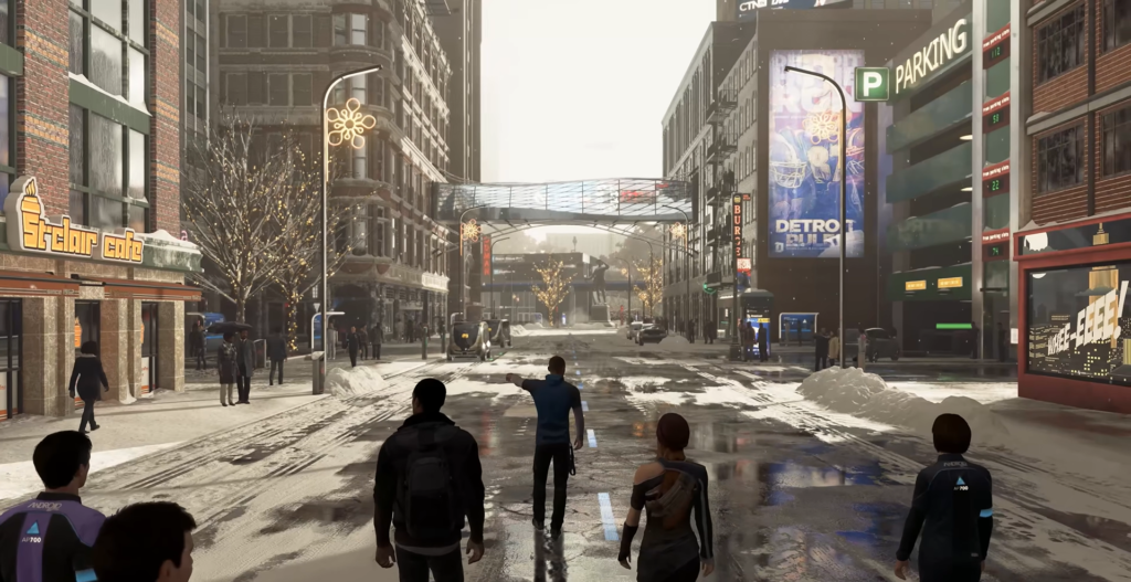 People walking on snowy city street downtown