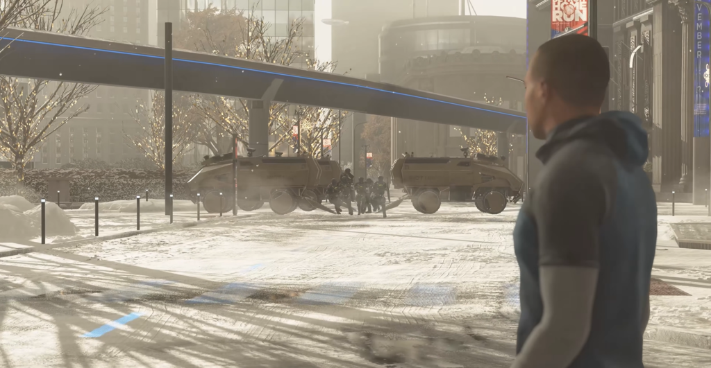 Man watching armored vehicles on snowy city street