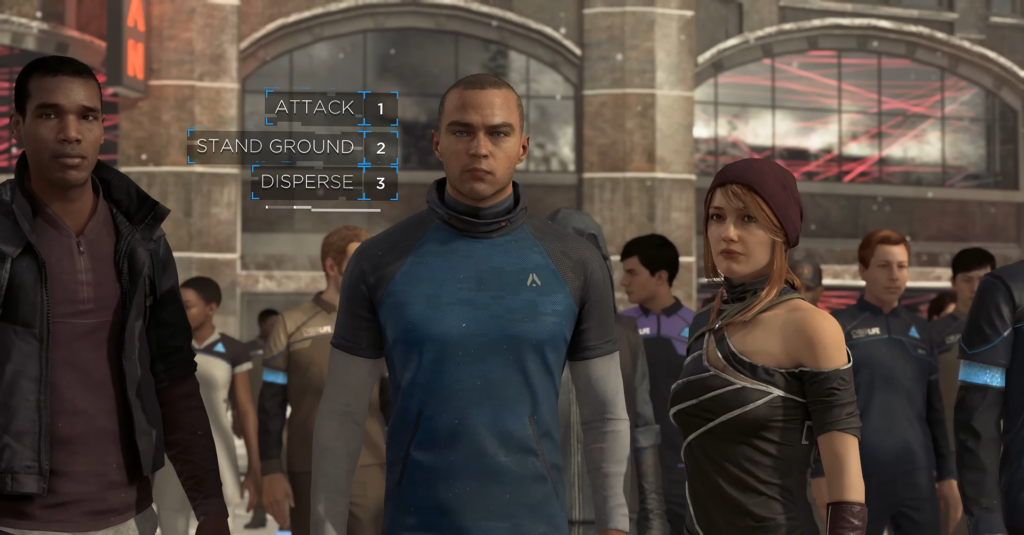Markus and North stand in Detroit Become Human crowd