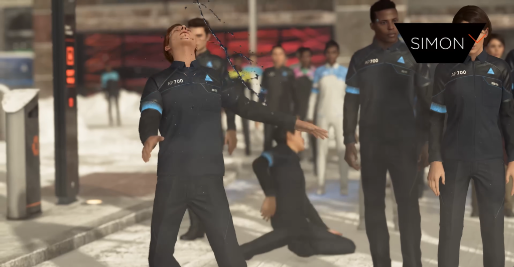 Androids standing on street as one collapses behind