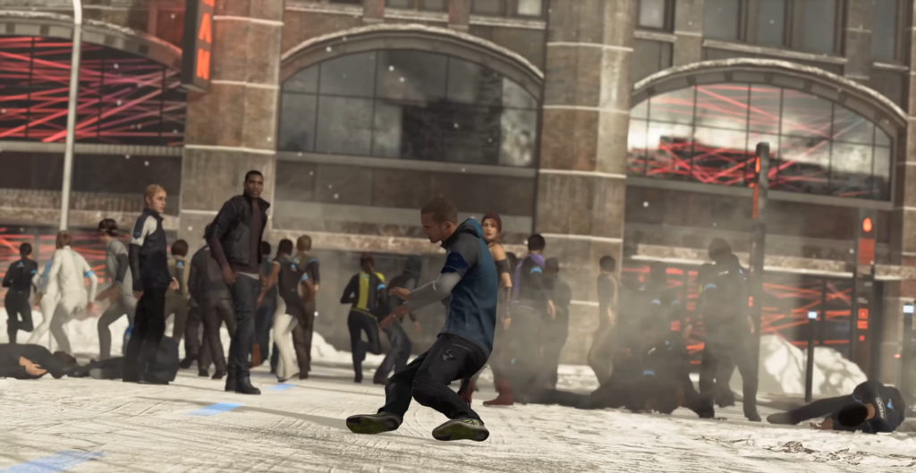 Detroit: Become Human android kneels in snowy street crowd